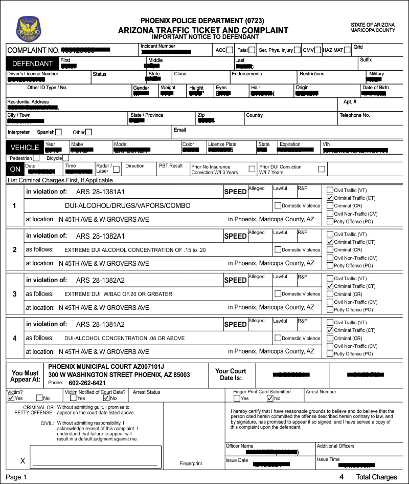 Phoenix Arizona DUI Ticket